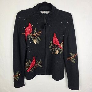 Heirloom Collectibles Christmas Cardigan Black‎ Red Cardinal Sequin Embellished